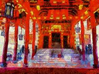 mansion ancient chinese architecture Illustrations creates ant style impressionis of painting.