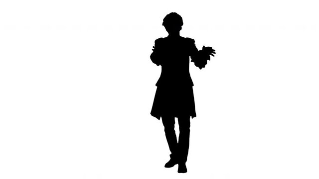 Silhouette Man dressed like Mozart conducting expressively while looking at camera.