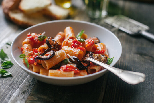 Pasta alla Norma. A typical Italian dish with eggplant and tomato.
