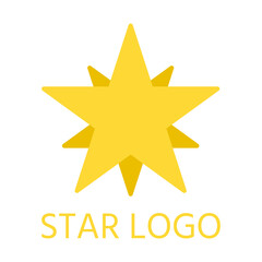 Obraz premium Cartoon flat abstract yellow star, closeup logo template. Star shape corporate brand pictogram. Simple design branding business company. Single shape icon, symbol success.Isolated vector illustration