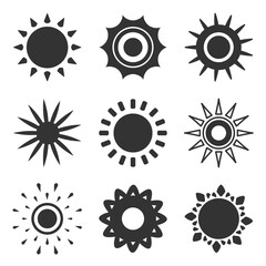 Set of black sun icon set. Simple glyph silhouette sign warm sunny morning. Pictogram summer, graphic symbol weather. Logo design template for meteorology web app Isolated on white vector illustration