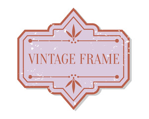 Flat closeup vintage colored label with grunge decorative element. Package sticker frame text template Retro shape border banner, menu design Single vintage badge isolated on white vector illustration