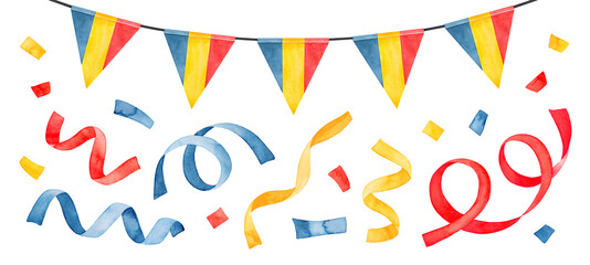 Watercolour illustration collection of bright string garland, striped triangular flag and multicolored festive confetti. Hand painted water color sketchy drawing, cutout clipart elements for design.