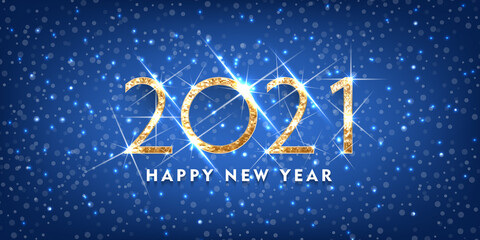 2021 Happy new year. Gold Design of greeting card. Gold Shining Pattern. Happy New Year Banner with 2021 Numbers on Bright Background. Blue Vector illustration