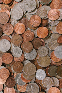 American pennies, nickels and dimes background