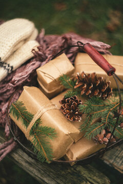 Rustic Christmas presents in basket