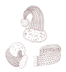 set of knitted winter elements scarf, hat, mittens, graphic monochrome linear pattern on a white background