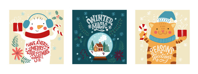 Festive xmas greeting cards vector templates set. Merry Christmas and Happy New Year greeting card set with calligraphy. Handwritten modern lettering.
