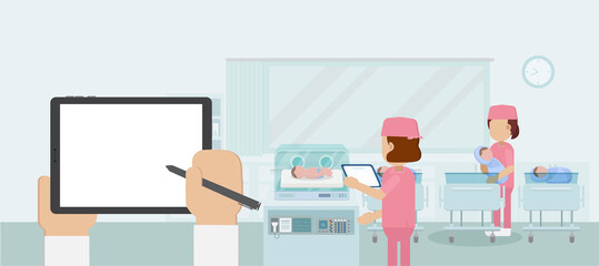 Blank screen tablet in maternity ward - obrazy, fototapety, plakaty