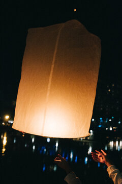 Lanterns floating above chiang mai in thailand