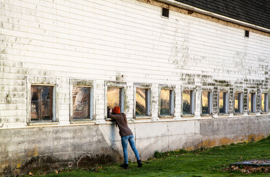 Girl Peeking Into Barn