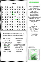 Jobs, occupations themed zigzag word search puzzle (suitable both for kids and adults). Answer included.
