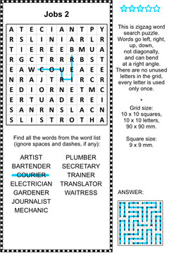 Jobs, occupations themed zigzag word search puzzle  2 (suitable both for kids and adults). Answer included.
