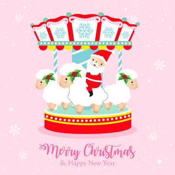 Christmas holidays carousel flat vector illustration/greetings card with cute santa claus riding on the sheep