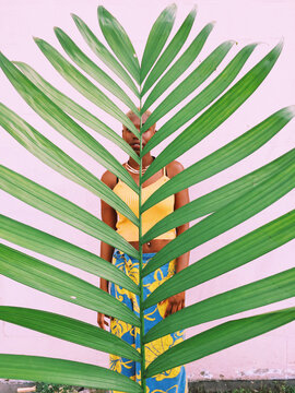 A woman hiding behind a palm leaf