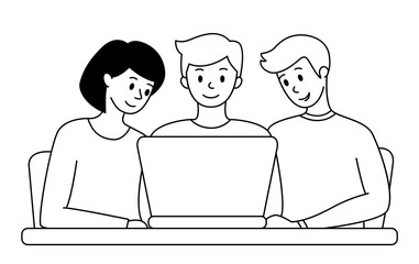 Teamwork concept. People sit at their desks and look at the laptop screen. Site development. Black outline. Vector illustration.