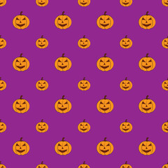 pumpkin character seamless pattern halloween holiday event purple color background design vector graphic, wrapping paper, decorative beautiful colorful wallpaper
