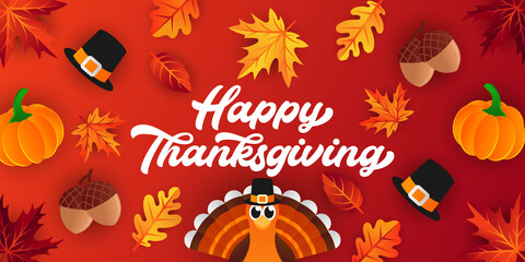 Happy Thanksgiving day background vector with decorative leaves, pumpkins, and acorns. Happy Thanksgiving holiday vector background design template for poster, banner, invitation and greeting card