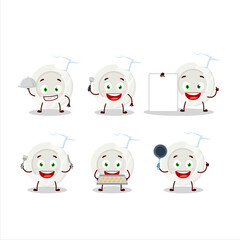 Cartoon character of white plate with various chef emoticons