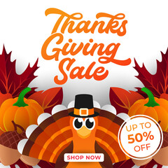 Happy Thanksgiving day sale background vector with decorative leaves. Abstract Happy Thanksgiving holiday sale vector background design template for advertising, flyer, web banner, poster, brochure