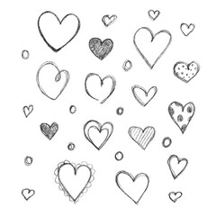 Set of hand drawn hearts isolated on white background