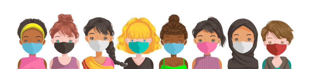 women mask group. International girls wear medical masks to prevent the coronavirus, and COVID dust. 