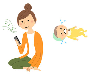 育児放棄をしてスマートフォンを見る若い女性