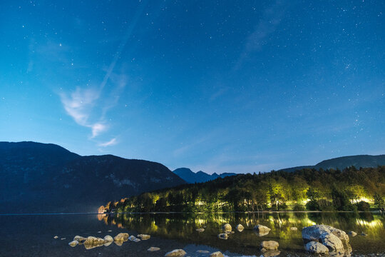 Long Exposure of the Lake and the Mountains Under the Night Sky