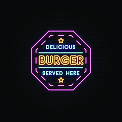 Delicious burger logo, neon sign banner design
