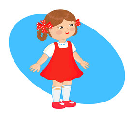Girl in a red dress. Cartoon. Vector illustration.