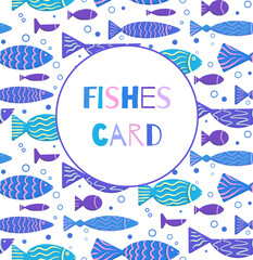 Fototapeta na wymiar Card with boho flat pattern with doodle fishes and bubbles with place for text on white background. Underwater lagoon world. Vector template for menu, banner, recipe and for your business
