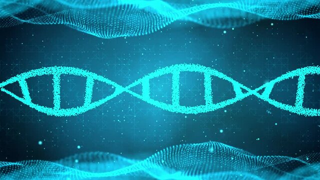 Abstract rotating DNA double helix 3D animation on dark blue Seamless loopable background. Hologram glowing DNA. Science and medicine concepts. DNA double helix, medical background