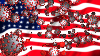 Covid-19 virus with American Flag backdrop