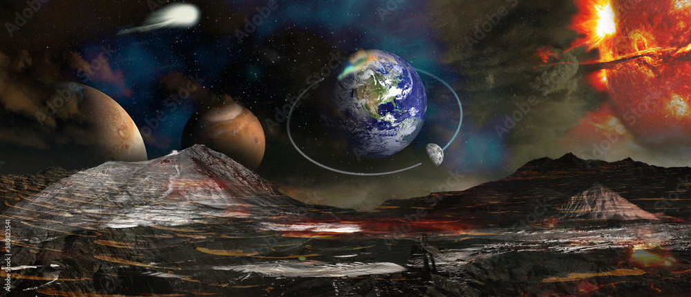 Wall mural view on the planet earth and space from martian surface. elements of this image furnished by nasa.