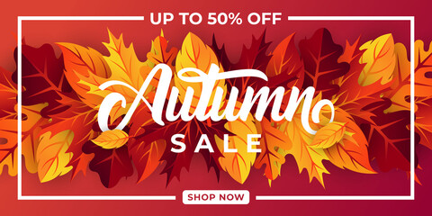 Fototapeta na wymiar Autumn sale background vector with decorative leaves. Autumn Sale Vector background Illustration. Abstract Autumn Sale background design template for advertising, flyer, web banner, poster, brochure