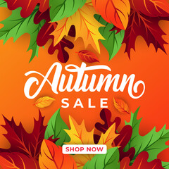 Obraz premium Autumn sale background vector with decorative leaves. Autumn Sale Vector background Illustration. Abstract Autumn Sale background design template for advertising, flyer, web banner, poster, brochure