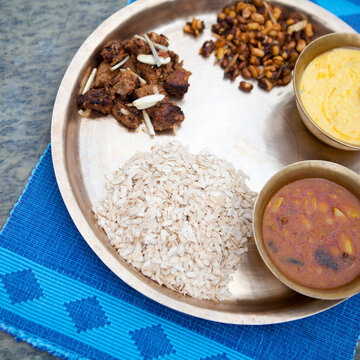 Close up of traditional Newari Khaja set.