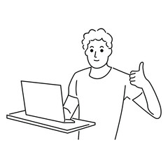 Man working with laptop. Line art flat illustration