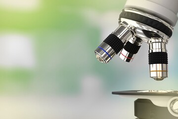 vaccine work concept, lab modern scientific microscope on selective focus background - object 3D illustration