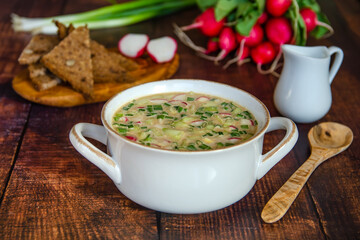 Summer cold soup okroshka.  Traditional Russian soup okroshka with kvass, radish, cucumbers, eggs, sausage, green onions and sour cream. 