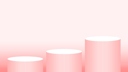 red soft pedestal cylinder circle 3 steps for cosmetics showcase, podium circle stage pink soft pastel color, platform three steps and advertising copy space, podium round for product display