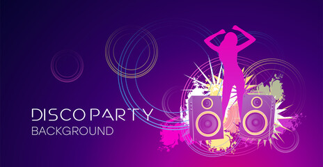 Disco party poster. Party background with speakers, dj and colored circles.