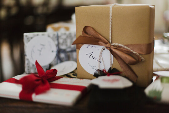 Presents wrapped with tags on them