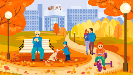 Urban landscape with high-rise buildings and a path in the city Park. A lot of people walk in the Park. Autumn. Vector illustration