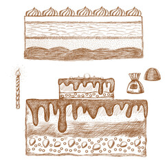 The cake is hand-drawn in brown with a fine dashed pattern. Sweets sketch on a white background. Candy, candle. vector illustration.