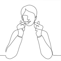 drawing of a young man who bent his elbows and folded his thumbs and forefingers in the shape of a heart, smiling. One line drawing concept of gesture of love, Korean gesture 