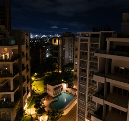 Apartment view of swimming pool in the night