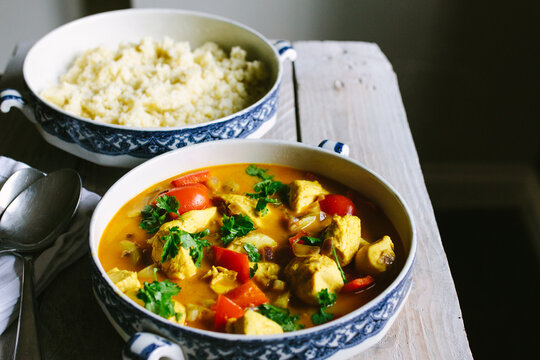 A coconut-based chicken curry with cauliflower rice.