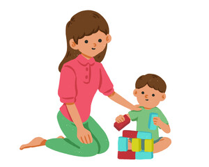 Mother Play with Kids Education Toys Hand Drawn Cartoon