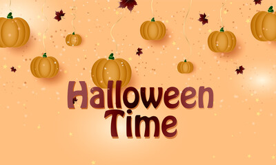 poster on peach background, top on ribbons pumpkin and maple autumn burgundy leaves, candy, glitter, text - halloween time